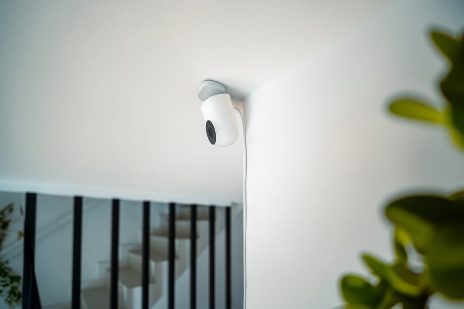 Gros plan sur un panneau de contrôle de système de télésurveillance et une caméra de sécurité installés dans une maison française, montrant le fonctionnement d’un dispositif de sécurité connecté.