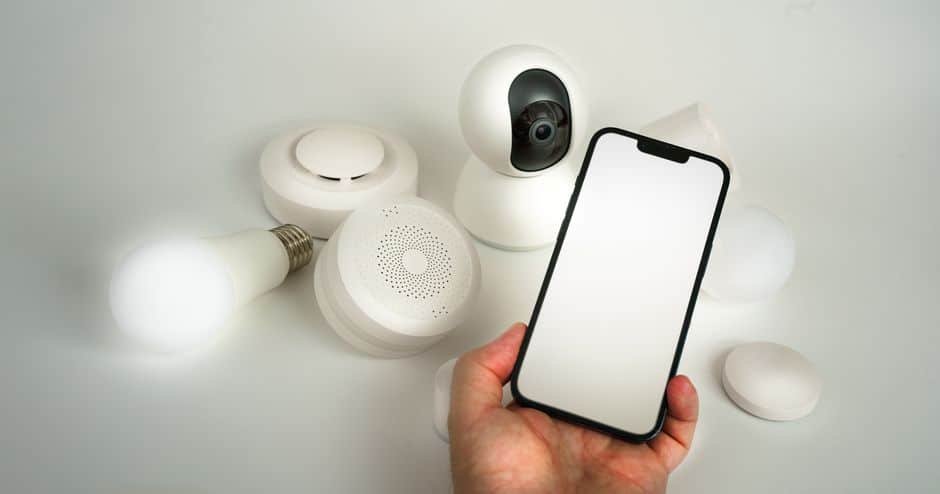 Contrôle d’un système d’alarme et de domotique via smartphone dans un salon français, gestion à distance des caméras, volets et alarmes pour sécuriser sa maison pendant les vacances