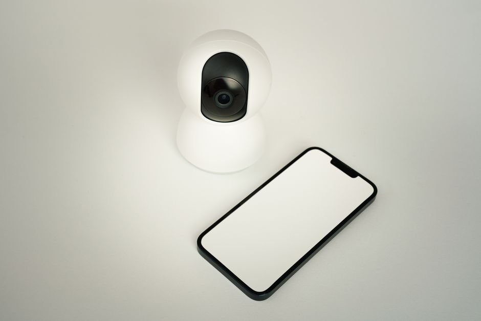 Particulier français configurant une alarme connectée et des caméras via une application mobile dans un salon européen, pour sécuriser ses équipements contre les cyberattaques