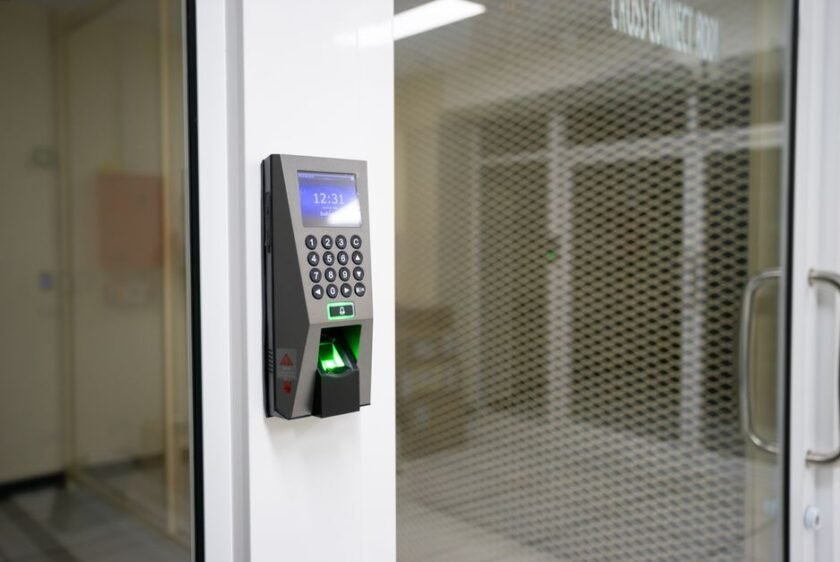 Entrée d’une maison moderne en France avec un clavier d’alarme visible et capteurs sans fil, illustrant la sécurité domestique même en cas de coupure internet.