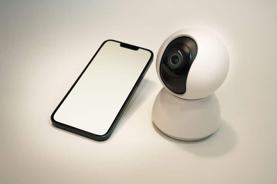 Consultation à distance des images d’une caméra de surveillance via le cloud sur smartphone dans une maison moderne en France, illustrant l’accès sécurisé aux vidéos